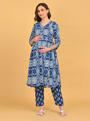 Indigo Mode Maternity and Nursing Kurta Set featuring V-neckline and three-quarter sleeves.