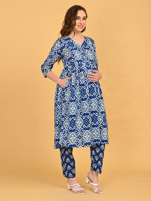 Indigo Mode Maternity and Nursing Kurta Set featuring V-neckline and three-quarter sleeves.
