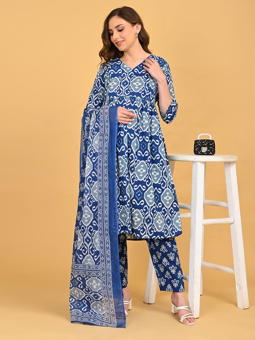 Model posing in Indigo Mode Maternity and Nursing Kurta Set With Dupatta highlighting coordinated blue print and maternity comfort.