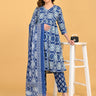Model wearing Indigo Mode Maternity and Nursing Kurta Set With Dupatta featuring blue and grey ikat print with matching dupatta.