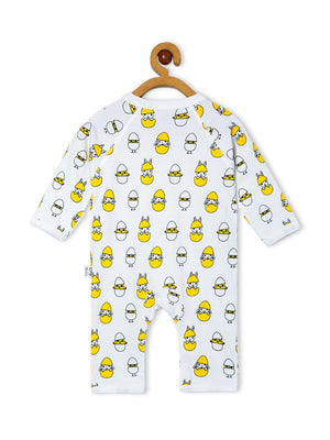 Close up Picture of backside of a jabla style romper with egg, chicken and rabbit designs from the mom store hanging on a rack