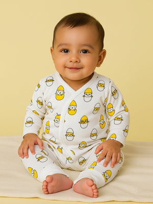 Picture of a baby wearing jabla style romper with chick and egg designs from the mom store