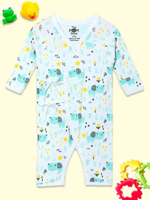 Picture of a jabla style romper with puppy designs kept on yellow background from the mom store