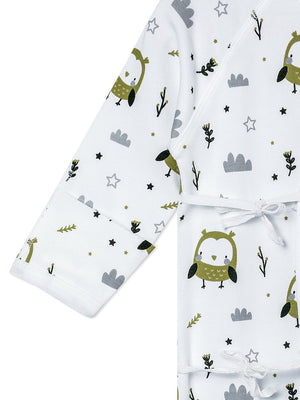 Close up picture of a limb of jabla style romper with owl designs from the mom store