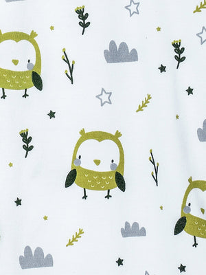 Close up Picture of a jabla style romper from the mom store showing owl designs