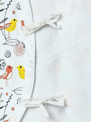Close up picture of a side ties of jabla style romper with sparrow designs from the mom store