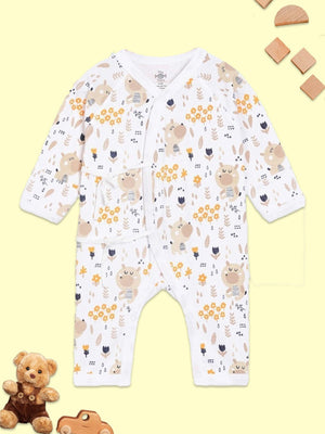 Picture of a jabla style romper with bear designs kept on a green background from the mom store