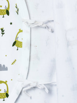 Close up picture of a side ties of jabla style romper with owl designs from the mom store