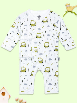 Picture of a jabla style romper with owl designs kept on a green background from the mom store