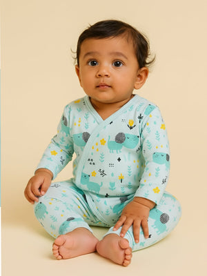 Picture of a baby wearing jabla style romper with puppy designs from the mom store