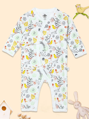 Picture of a jabla style romper with sparrow designs kept on a peach background from the mom store
