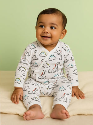 Picture of a baby wearing jabla style romper with dinosaur designs from the mom store