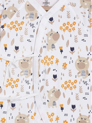 Close up picture of a side ties of jabla style romper with bear designs from the mom store