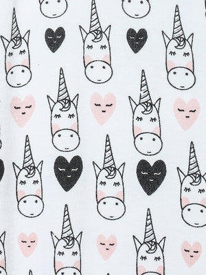 Close up Picture of a jabla style romper from the mom store showing unicorn designs