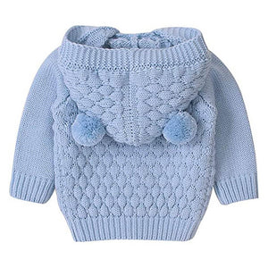 Infants Baby Blue Knitted Cardigan Sweater with Pom Pom Hoodie - 6 - 12 Months Winter Wear