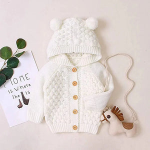 Infants Ivory White Knitted Cardigan Sweater with Pom Pom Hoodie - 6 - 12 Months Winter Wear