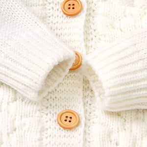 Infants Ivory White Knitted Cardigan Sweater with Pom Pom Hoodie - 6 - 12 Months Winter Wear