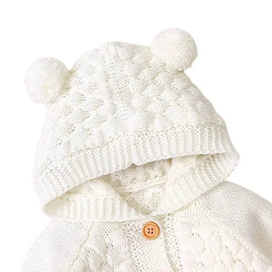 Infants Ivory White Knitted Cardigan Sweater with Pom Pom Hoodie - 6 - 12 Months Winter Wear