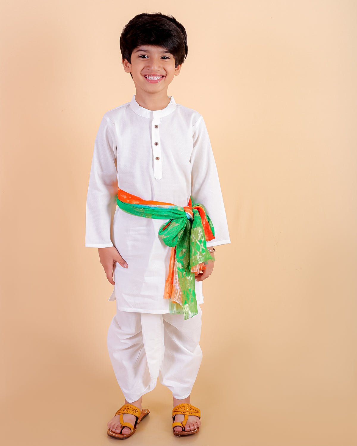 Ivory Elegance Dhoti Kurta Boys Set with Tiranga Dupatta - 0 - 6 Months Boys Ethnic Set