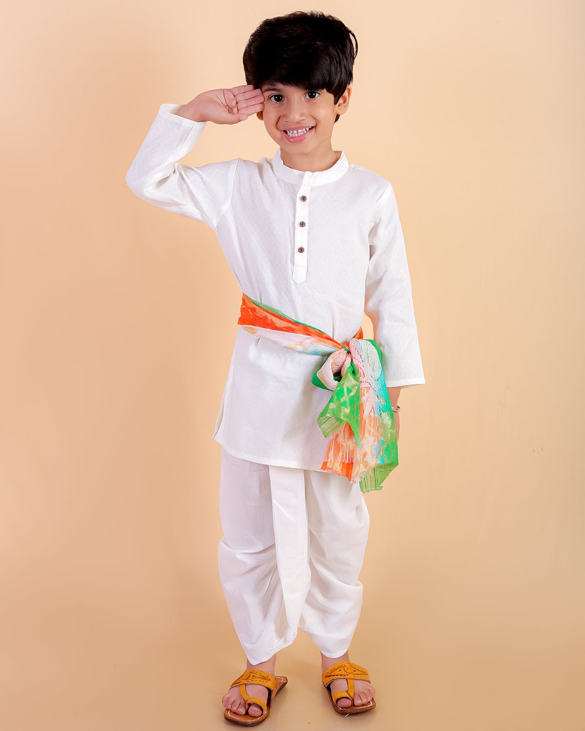 Ivory Elegance Dhoti Kurta Boys Set with Tiranga Dupatta - 0 - 6 Months Boys Ethnic Set
