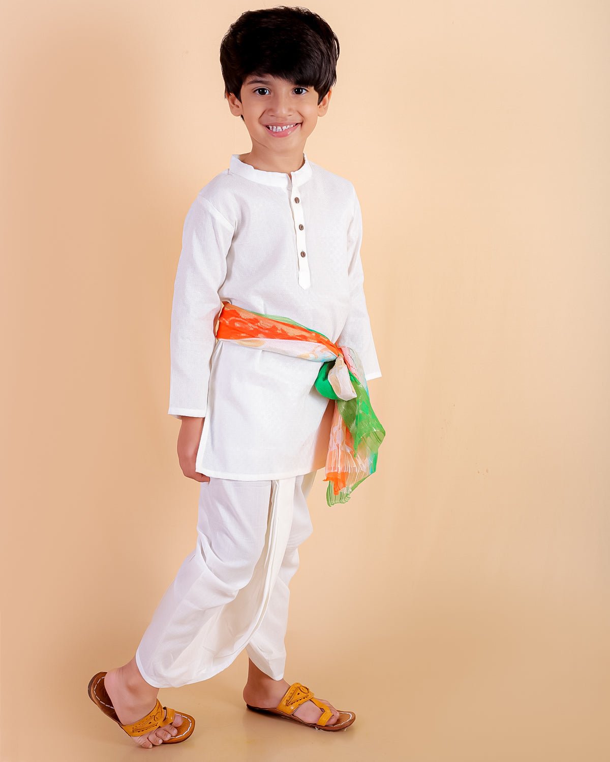 Ivory Elegance Dhoti Kurta Boys Set with Tiranga Dupatta - 0 - 6 Months Boys Ethnic Set