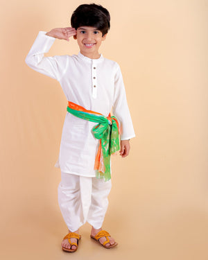 Ivory Elegance Dhoti Kurta Boys Set With Tiranga Shawl - 0-6 Months Boys Ethnic Set