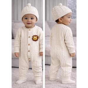 Ivory Lion Face Sleeves Jumpsuit Romper with Cap for Tiny Toddlers - 3 - 6 Months Winter Wear