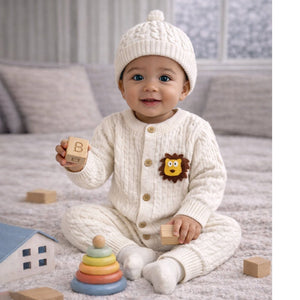 Ivory Lion Face Sleeves Jumpsuit Romper with Cap for Tiny Toddlers - 3 - 6 Months Winter Wear