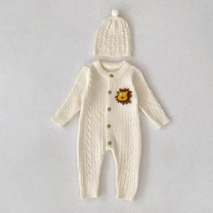 Ivory Lion Face Sleeves Jumpsuit Romper with Cap for Tiny Toddlers - 3 - 6 Months Winter Wear