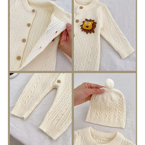 Ivory Lion Face Sleeves Jumpsuit Romper with Cap for Tiny Toddlers - 3 - 6 Months Winter Wear