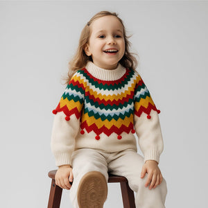 Ivory Multi Colour Xmas Baubles Pompom Style Warmer Cardigan & Christmas Sweater for toddlers & Kids - 5 Years Winter Wear
