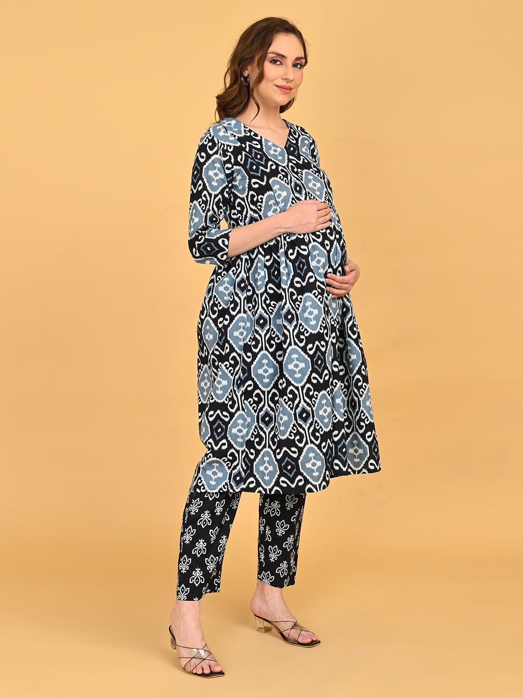 Ivory Shadow Maternity and Nursing Kurta Set With Dupatta featuring V-neckline and three-quarter sleeves.