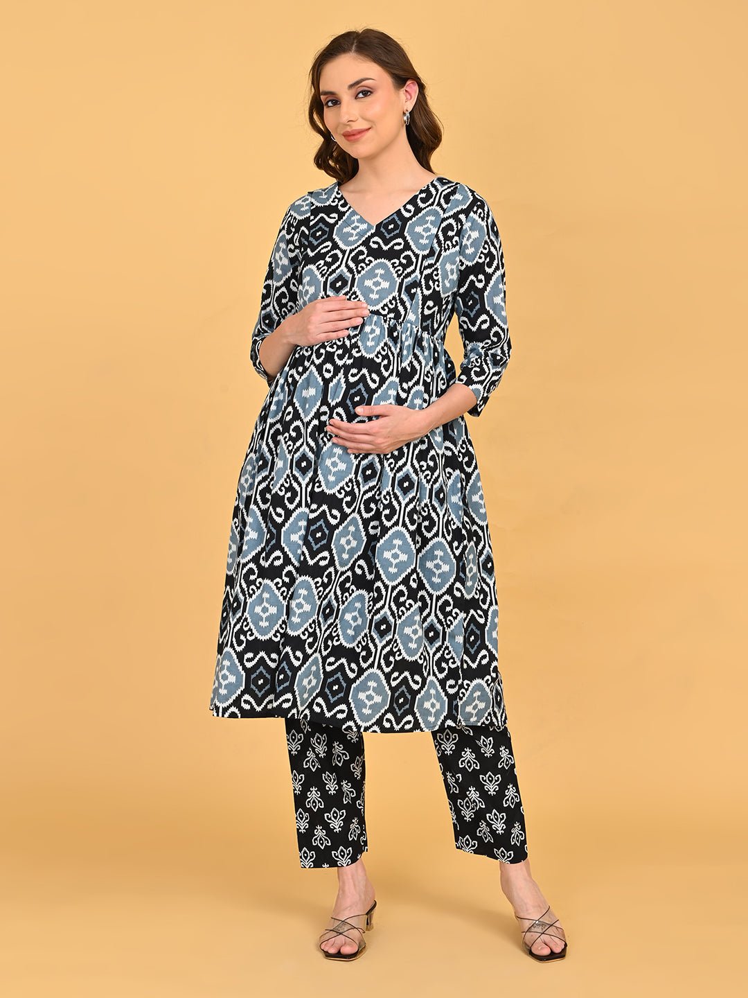 Model wearing Ivory Shadow Maternity and Nursing Kurta Set