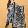 Model wearing Ivory Shadow Maternity and Nursing Kurta SetWith Dupatta featuring blue and grey ikat print with matching dupatta.
