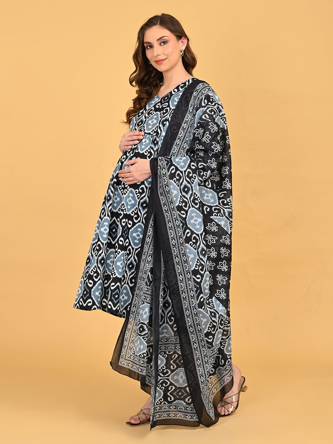 Side angle of Ivory Shadow Maternity and Nursing Kurta Set With Dupatta highlighting bump-friendly silhouette and flowing dupatta.