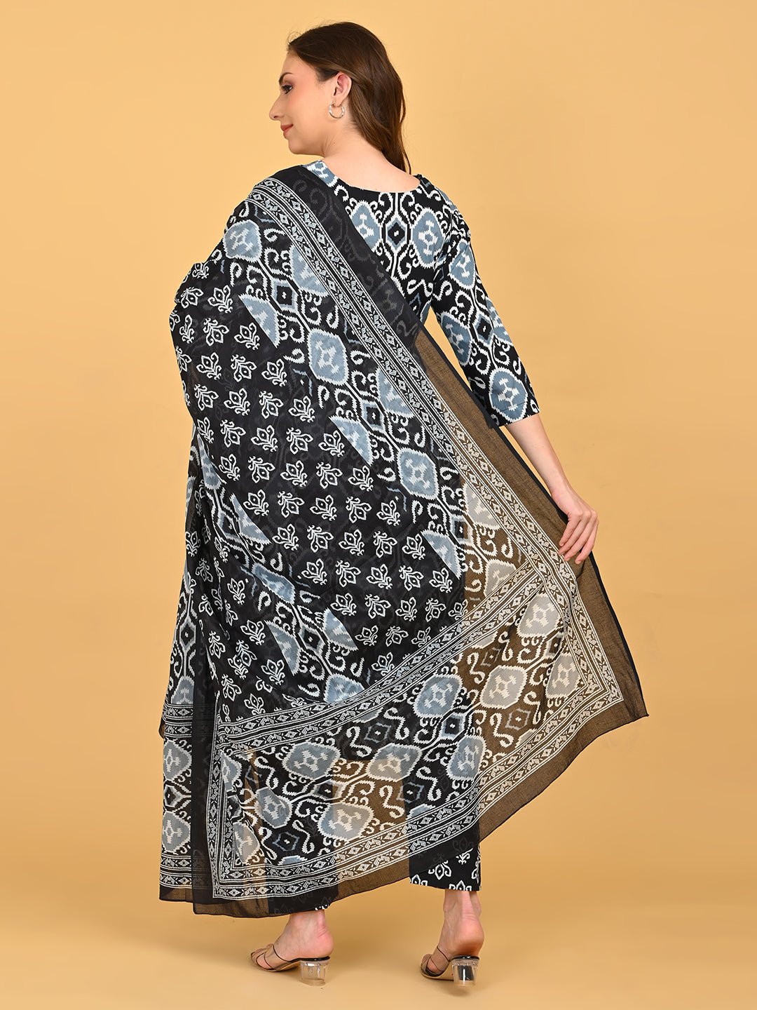 Back view of Ivory Shadow Maternity and Nursing Kurta Set With Dupatta showcasing full-length printed dupatta and coordinated design.