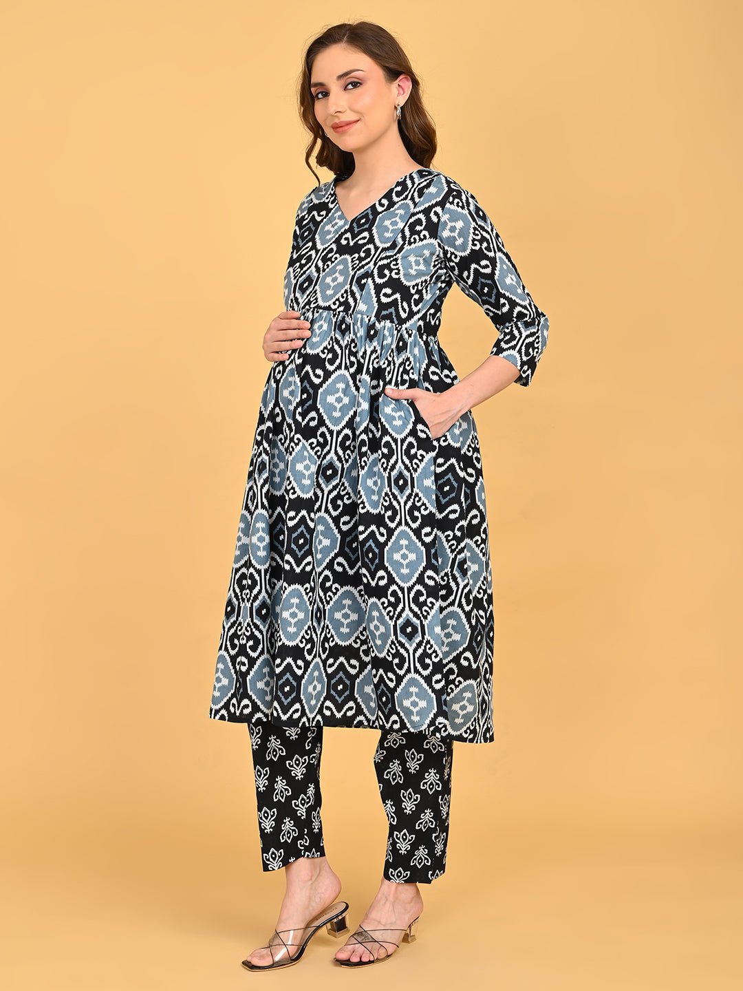 Ivory Shadow Maternity and Nursing Kurta Set With Dupatta featuring V-neckline and three-quarter sleeves.
