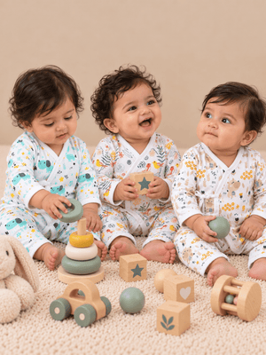 Jabla Infant Romper Combo Of 3-Puppy-Sparrow-Bear in the Garden - Preemie Infant Rompers