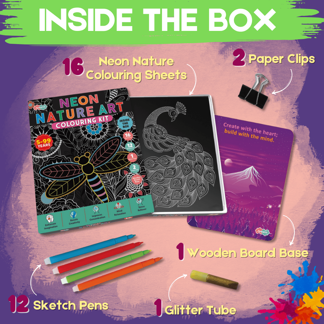 JoGenii Neon Nature Art Colouring Kit - Unique Gift for kids and adults - JK14
