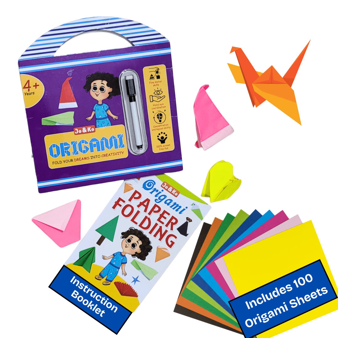 JoGenii Origami Kit - 100 sheets + Instruction booklet + Marker | Travel friendly - JK007
