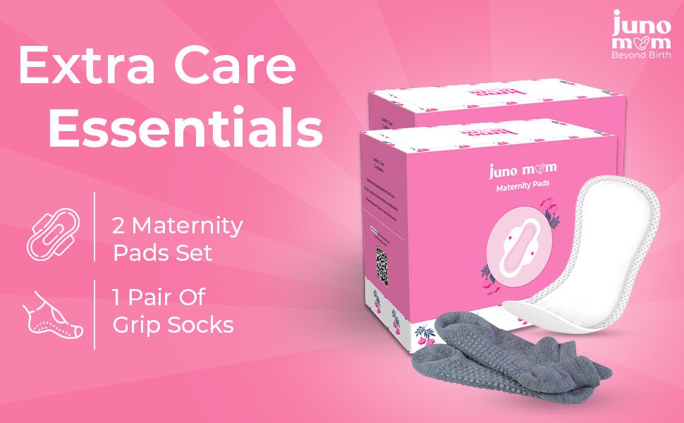 Juno Mom Extra Care Essentials | Ultra - Absorbent Maternity Pads (7 x 2) & 1 Pair of Grip Socks - JM_14MP_01GS_Bundle