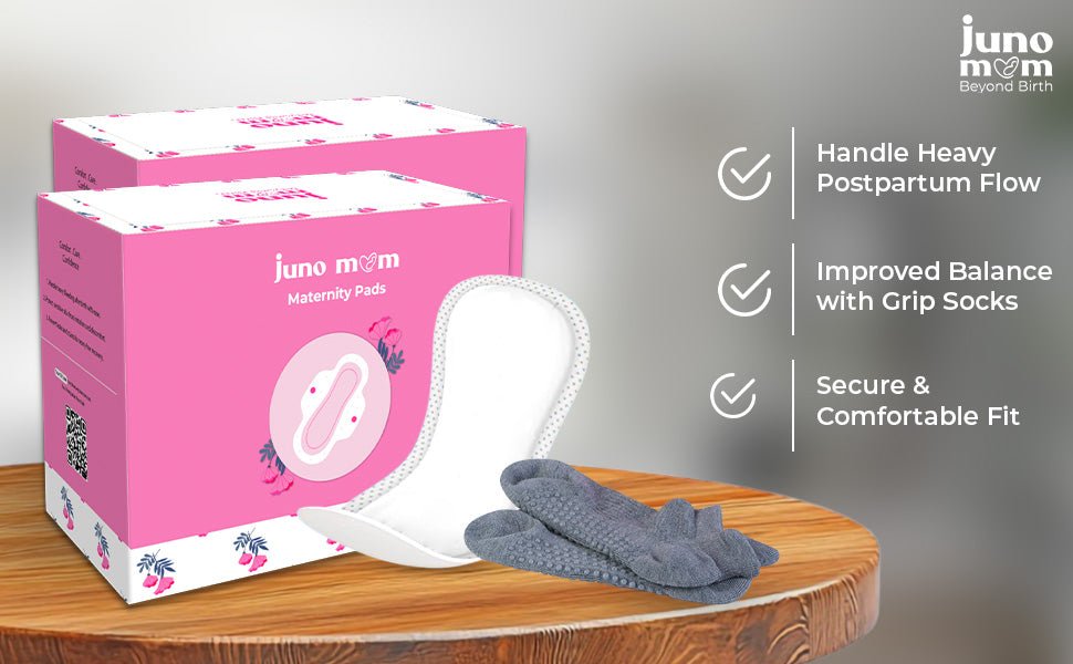 Juno Mom Extra Care Essentials | Ultra - Absorbent Maternity Pads (7 x 2) & 1 Pair of Grip Socks - JM_14MP_01GS_Bundle