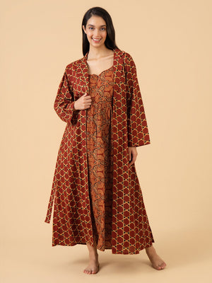Keep It Maroon Maternity and Nursing Nightwear With Robe Set - Maroon Maternity Nightwear Set