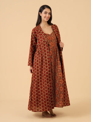 Keep It Maroon Maternity and Nursing Nightwear With Robe Set - Maroon Maternity Nightwear Set