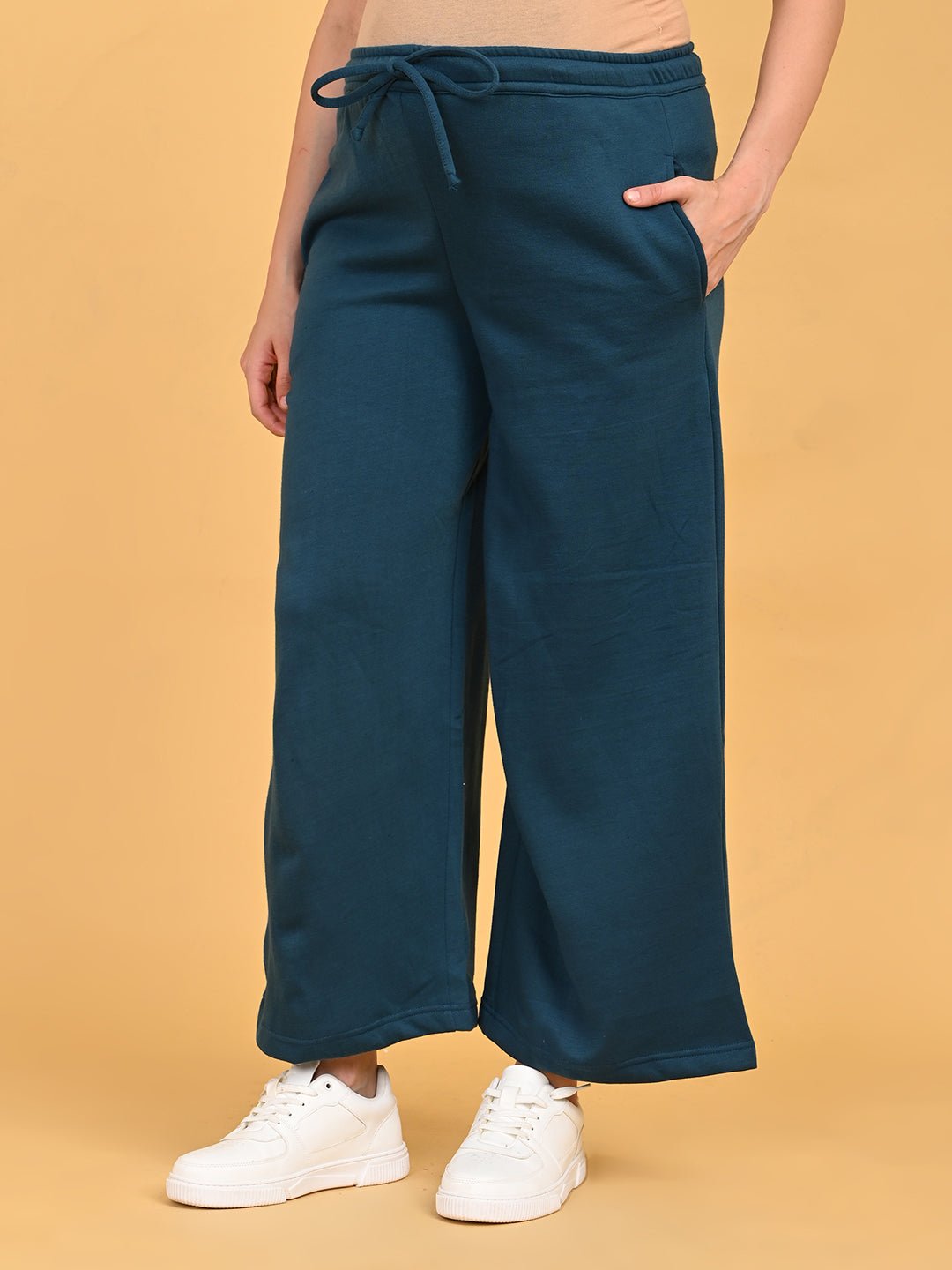 Side view of Keepin’ It Teal maternity lounge pants with elastic drawstring waistband and wide-leg silhouette.
