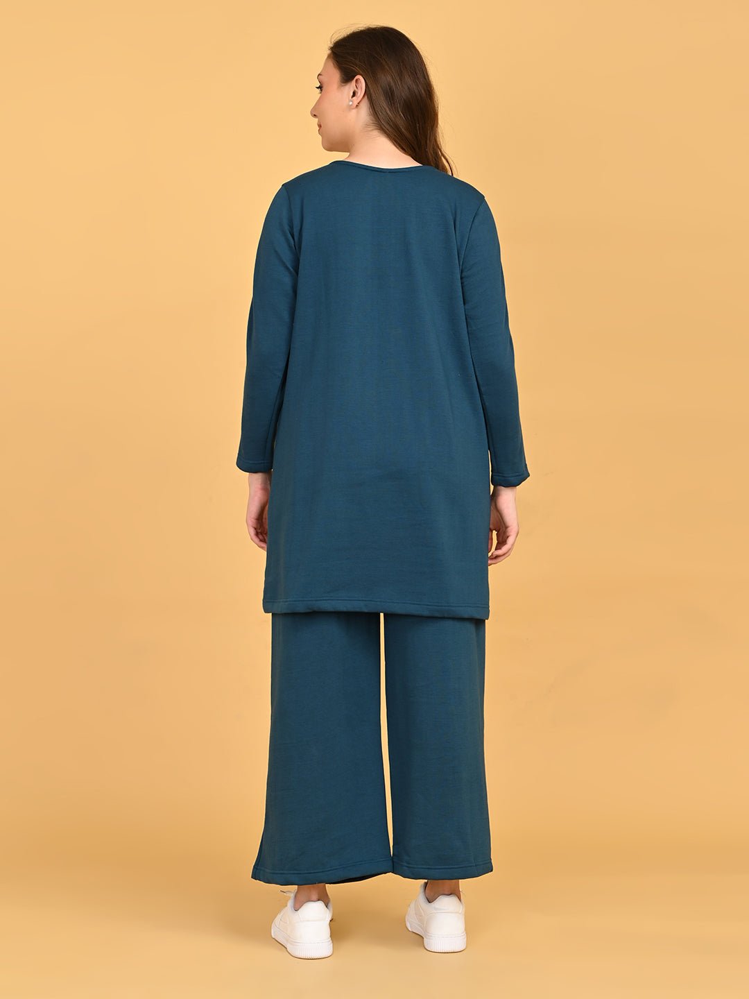 Back view of Keepin’ It Teal maternity and nursing loungewear set featuring long tunic top and wide-leg pants.