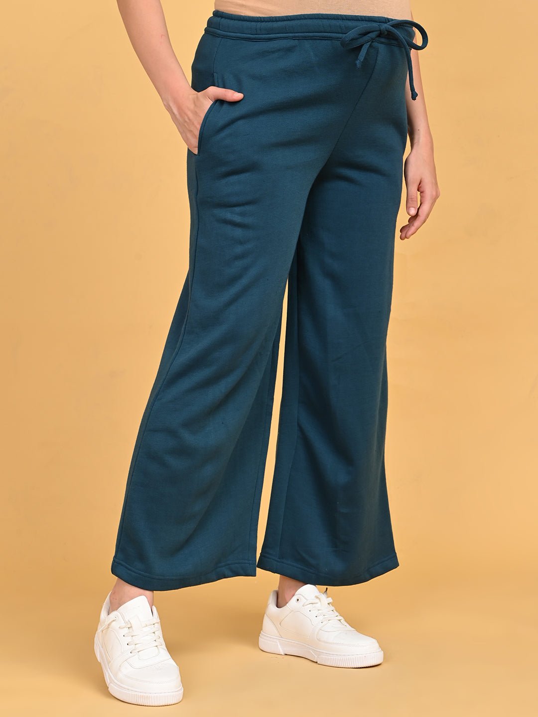 Side view of Keepin’ It Teal maternity lounge pants with elastic drawstring waistband and wide-leg silhouette.