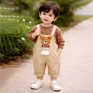Khakhi Baseball Bear Dungaree with tshirt, 2 Pcs Clothing Set For Toddlers And Kids - 1 - 2 Years Kids Clothing