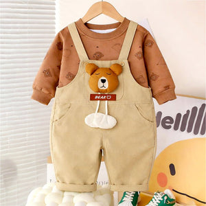 Khakhi Baseball Bear Dungaree with tshirt, 2 Pcs Clothing Set For Toddlers And Kids - 1 - 2 Years Kids Clothing