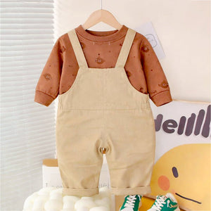 Khakhi Baseball Bear Dungaree with tshirt, 2 Pcs Clothing Set For Toddlers And Kids - 1 - 2 Years Kids Clothing